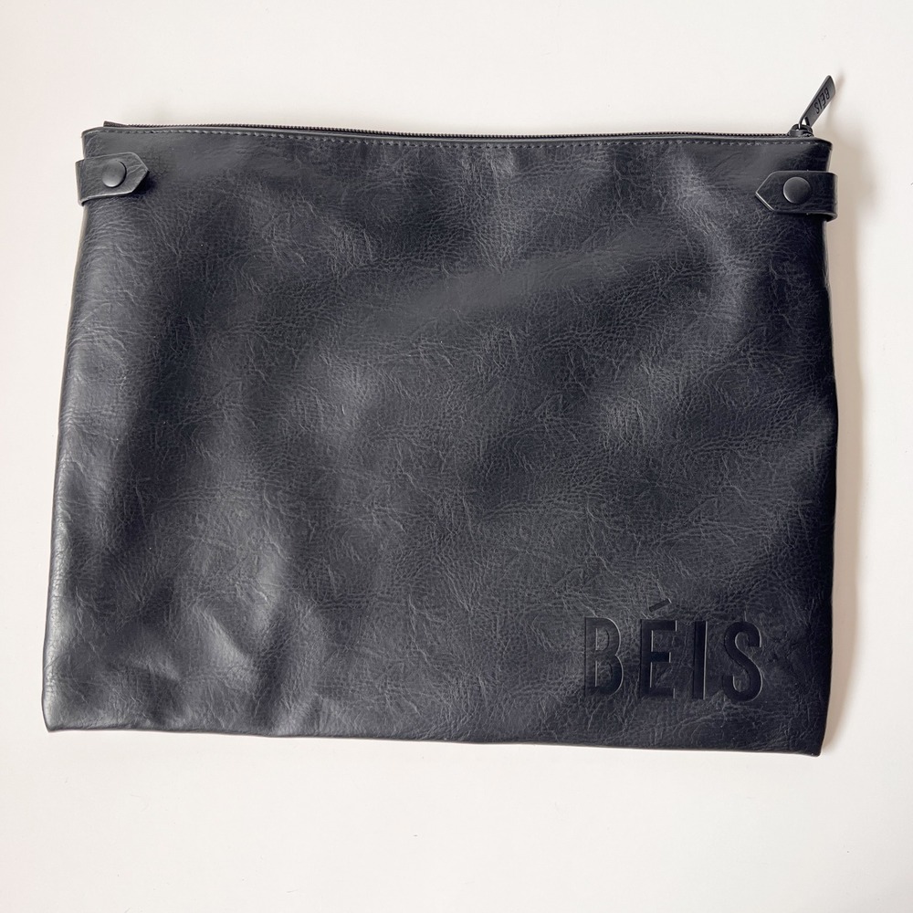 BEIS Pouch Large Black Vegan Leather Travel Organizer Zip Clutch Laptop Sleeve